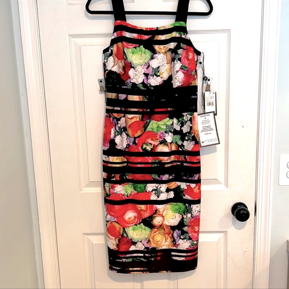 Adrianna Papell Striped Botanical Scuba Sheath midi dress in Size 8